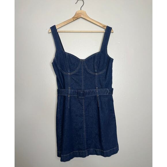 Reformation Joanne Belted Denim Mini Dress Blue Structured Corset Style Size 10 - Picture 2 of 8